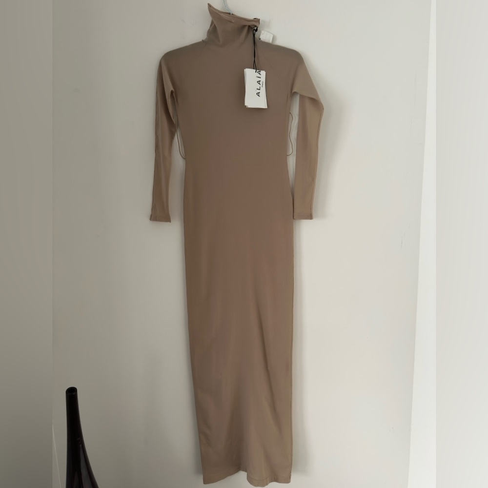 ALAIA high neck bodycon sheer dress in camel Clair
